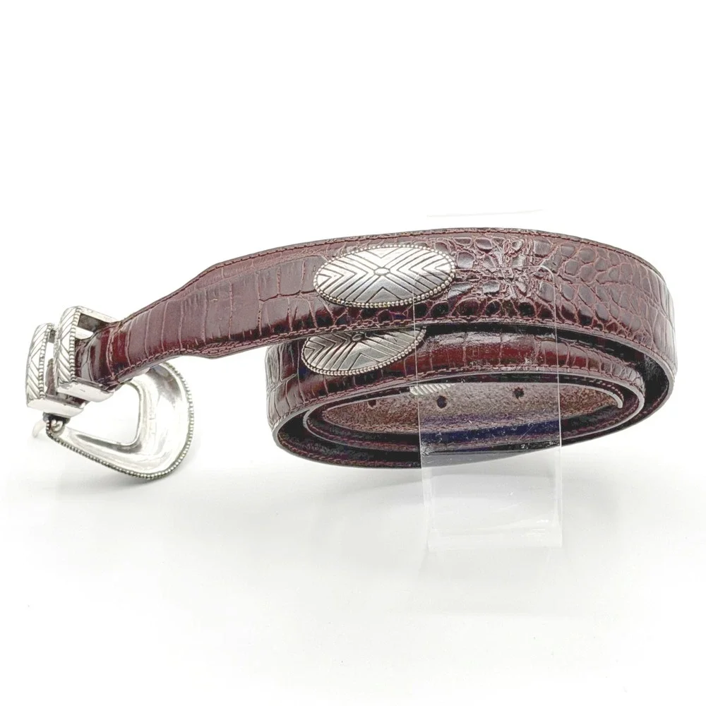 Fossil Brown‎ Croc Embossed Leather Belt Size 38 Silver Enraved Westerncore